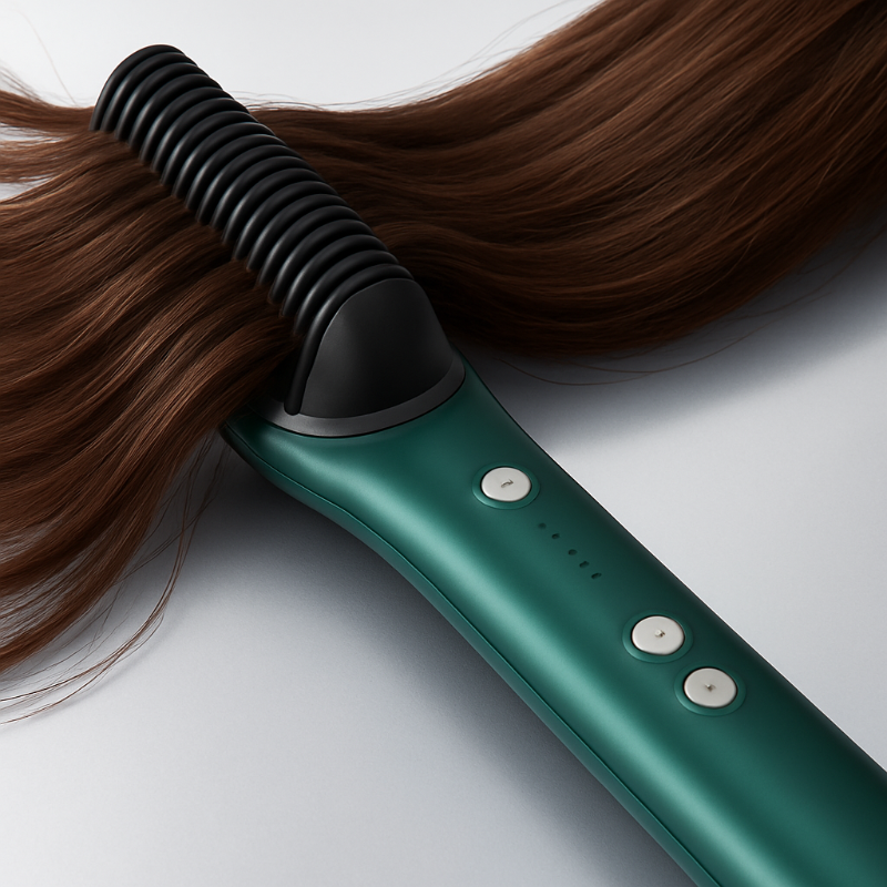 Green hair straightener with brown hair on a white background