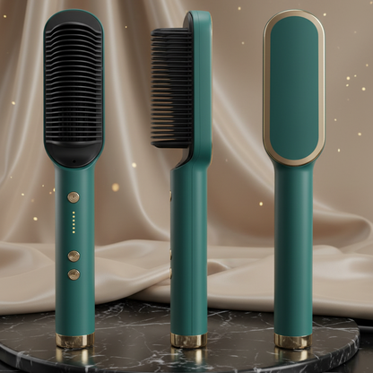 Three teal hair styling tools with gold accents on a marble surface.