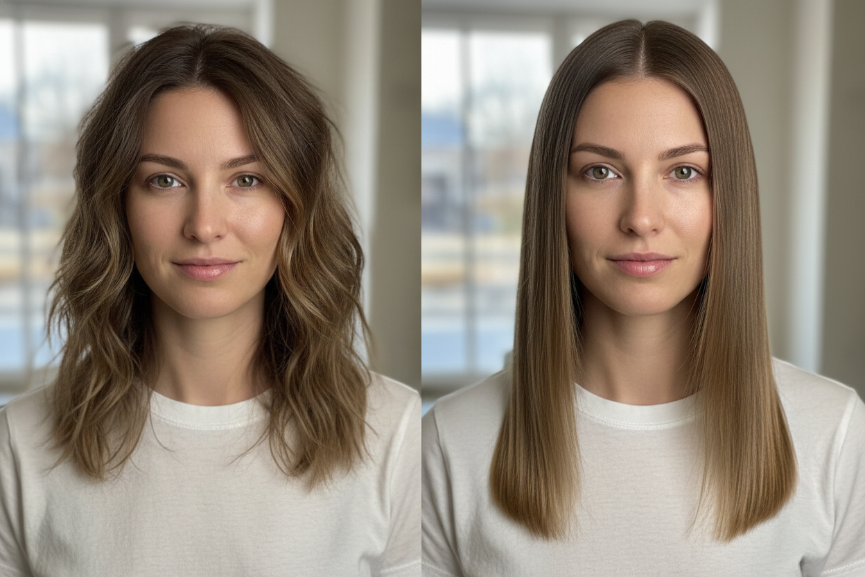 reduce the left side frizzyness a little bit, the straightened part is good